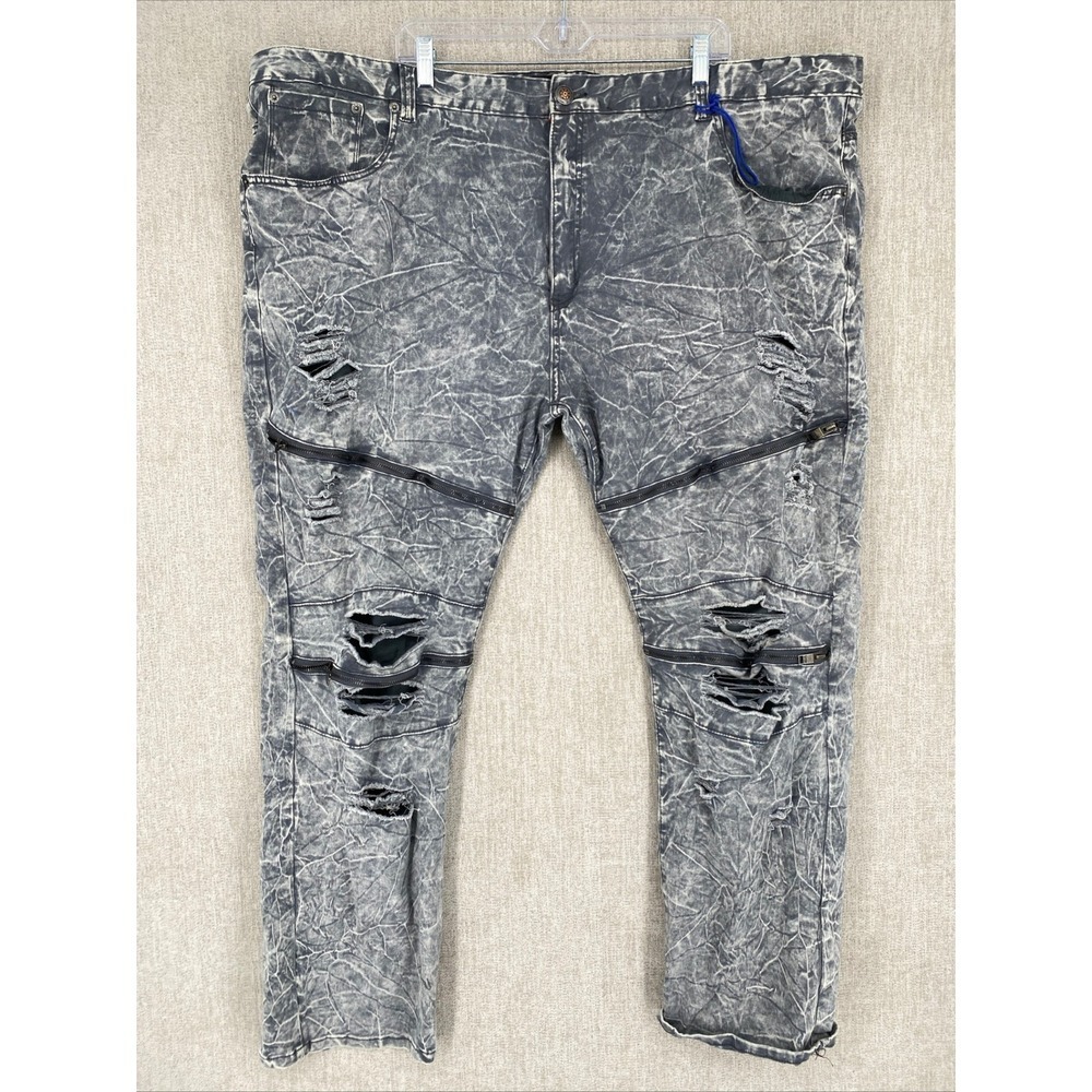 Copper Rivet Moto Biker Jeans Men 52x33 Grey Acid Wash Distressed Zipper Accents